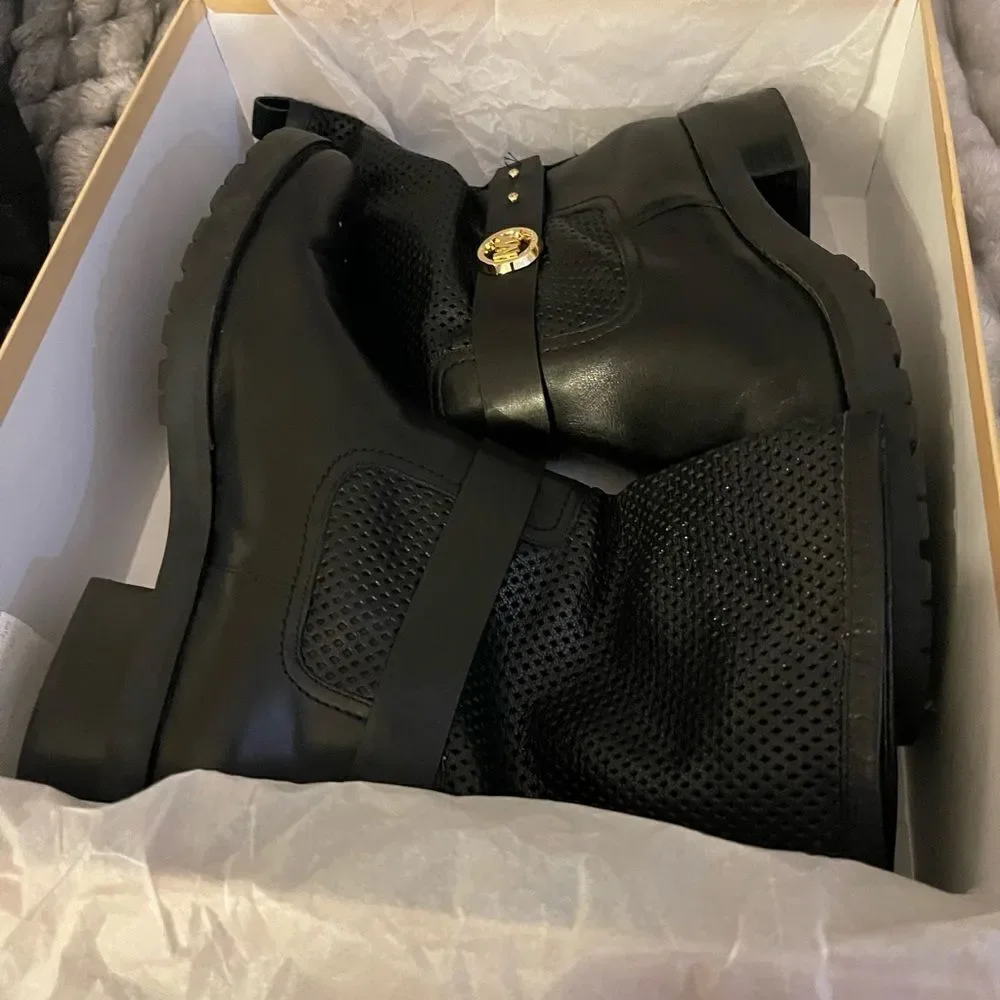 Womens MICHAEL Michael Kors Daria Flat Mid-Calf biker Boot black leather nib nwt